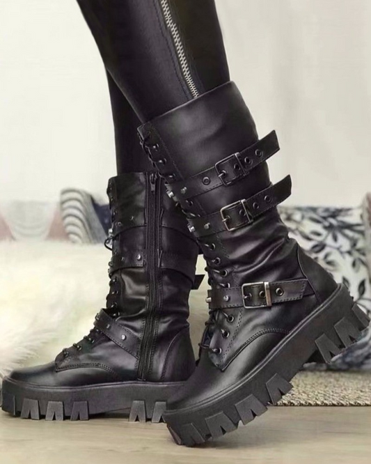 Ceridwynn | Robuste Damen Military Boots mit Schnürung & Verstellbaren Schnallen