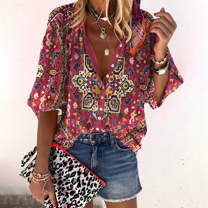 Orinda | Boho Sommerbluse mit Blumenmuster, Knopfleiste & Halbarm – Luftig & Locker für Damen
